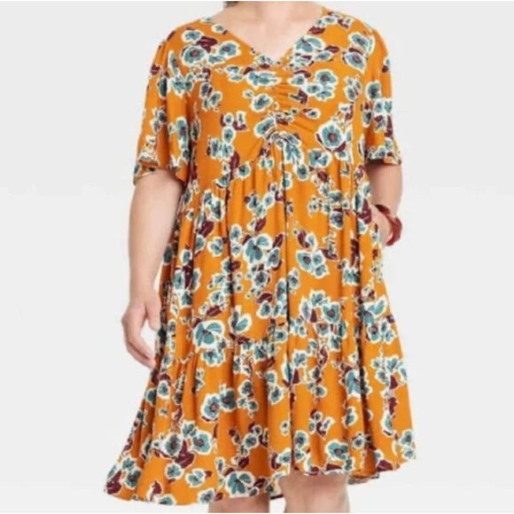 Ava & Viv Fall Floral Flutter Sleeve Empire Waist Dress w/Pockets Size 1X Plus - Picture 1 of 9